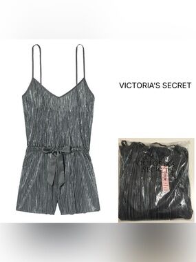 VICTORIA’S SECRET - M/L - NWT - GREY METALLIC SHINE PLEAT SLEEP ROMPER / SLIP